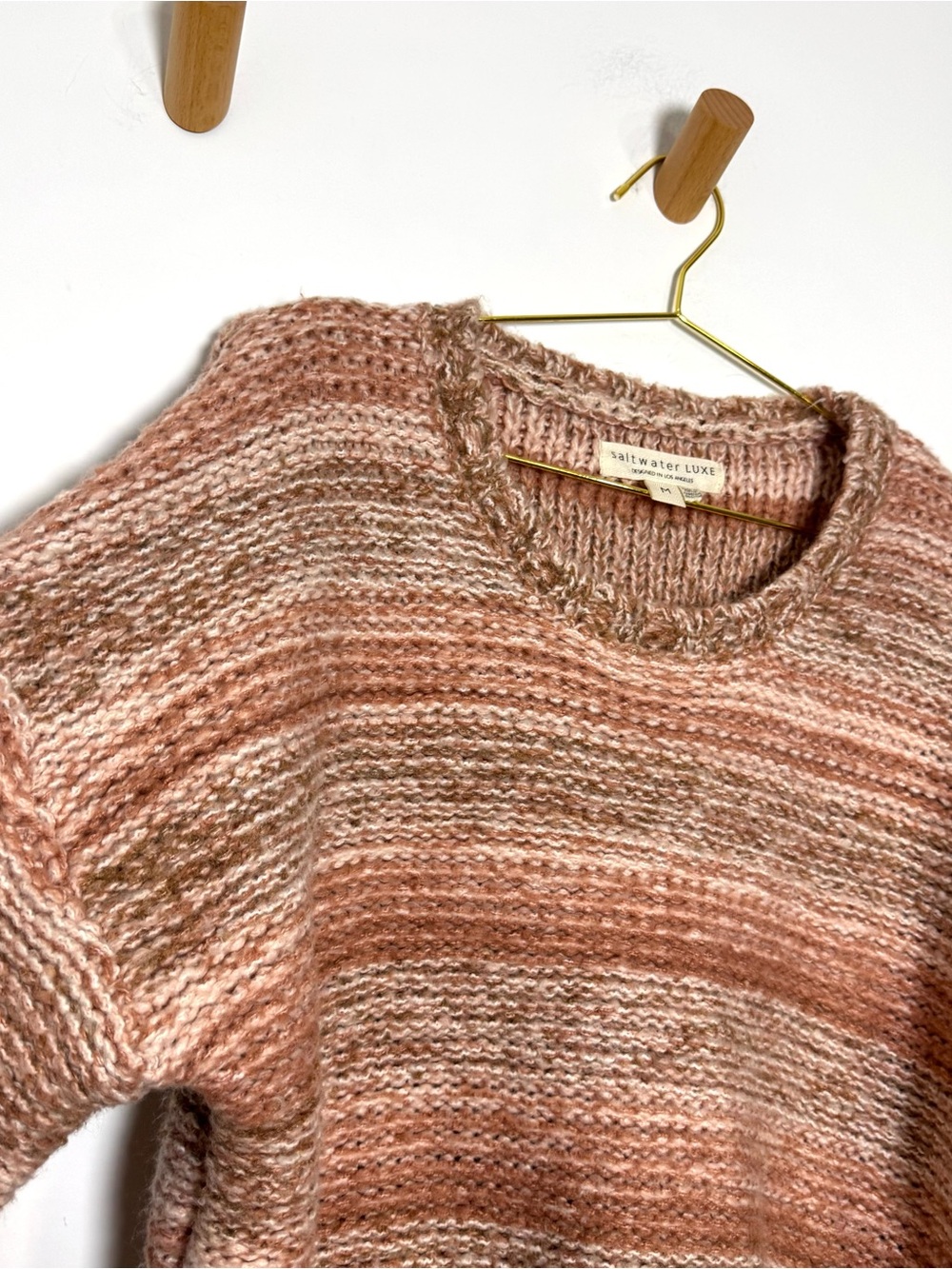 Saltwater Luxe Chunky Knit Boho Sweater Pink Beige Stripe Balloon Sleeve Medium - Picture 6 of 9